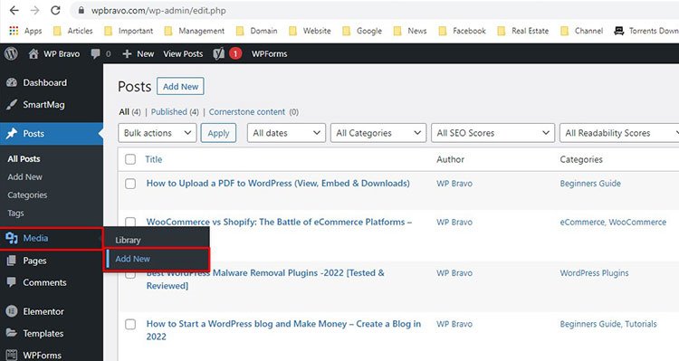 WordPress-Media-Menu - How to Upload a PDF to WordPress